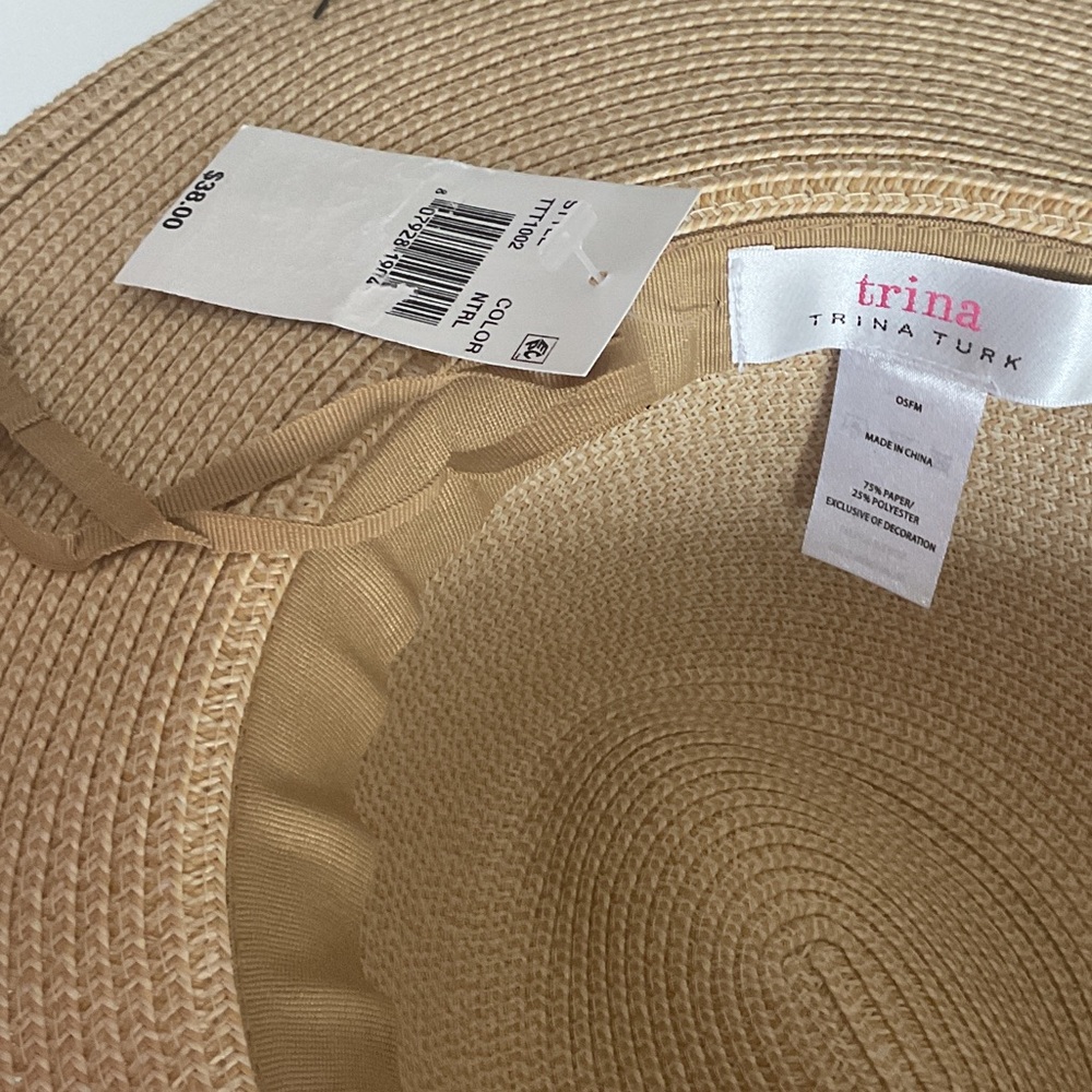 Trina Turk Azure Wide Brim Straw Adjustable Fedora with Pink Patterned Band NWT - Picture 8 of 9